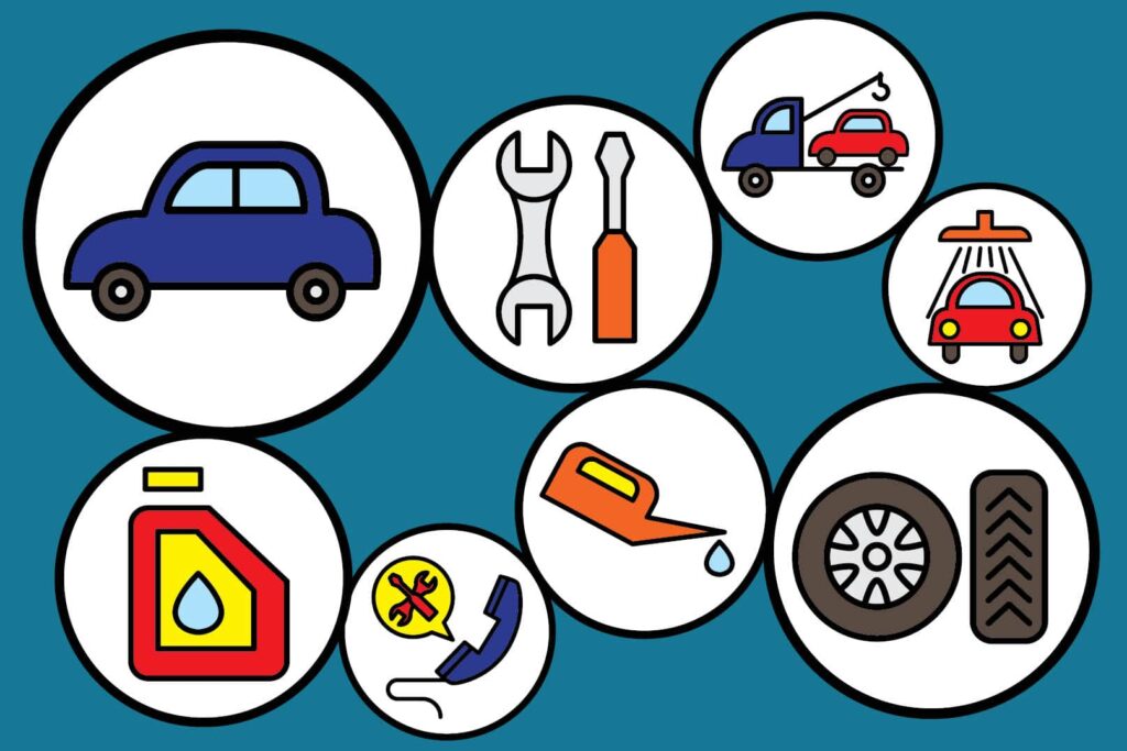 Picture with car maintenance related icons